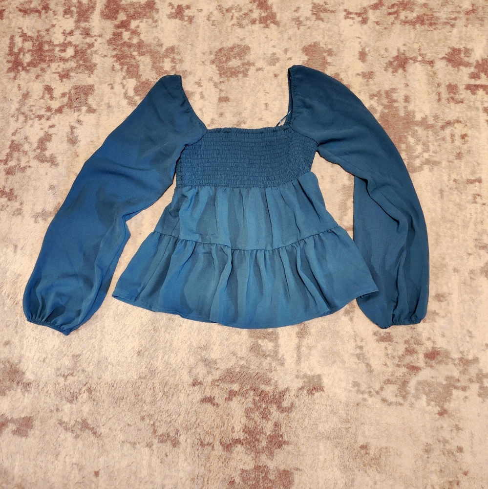 Paper Crane square neck teal babydoll top, women's size S.